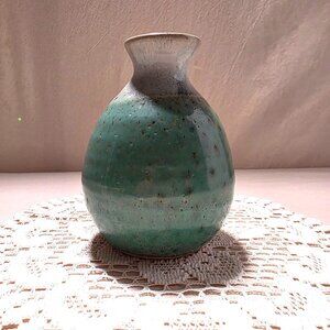 Vintage STC Japan Ceramic Vase With Speckled Green & White Glaze 6" Tall